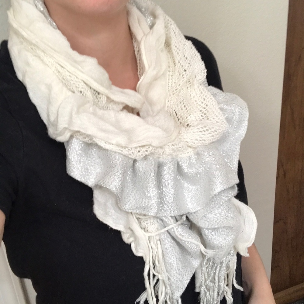 White and silver ruffle scarf